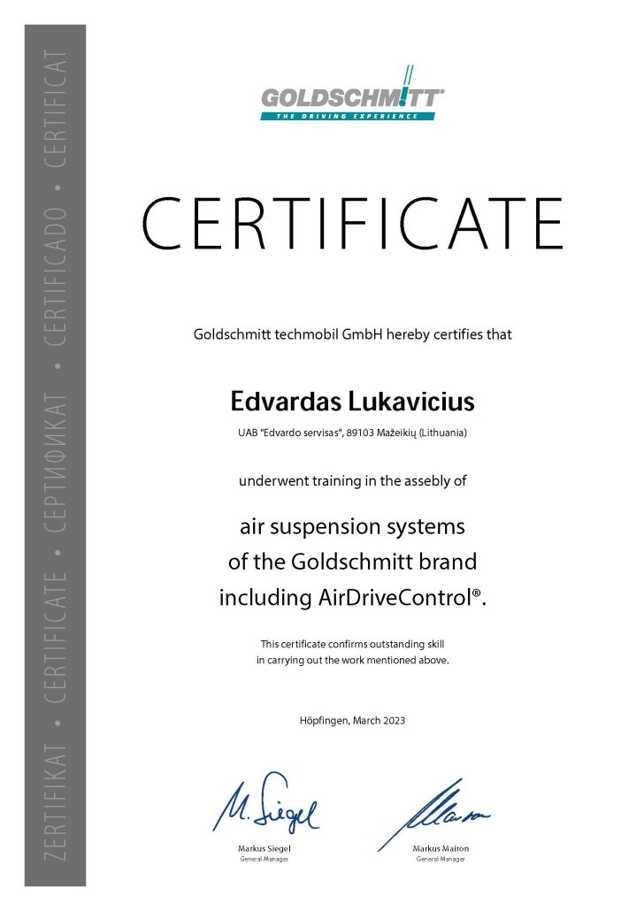 Air suspension systems certificate Edvardas Lukavičius