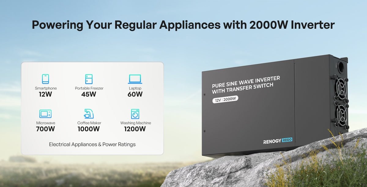 „Renogy“ 12 V grynos sinusinės bangos inverteris su perjungimo jungikliu – 2000 W variantas: buitinių prietaisų galios nuo 12 iki 1200 W