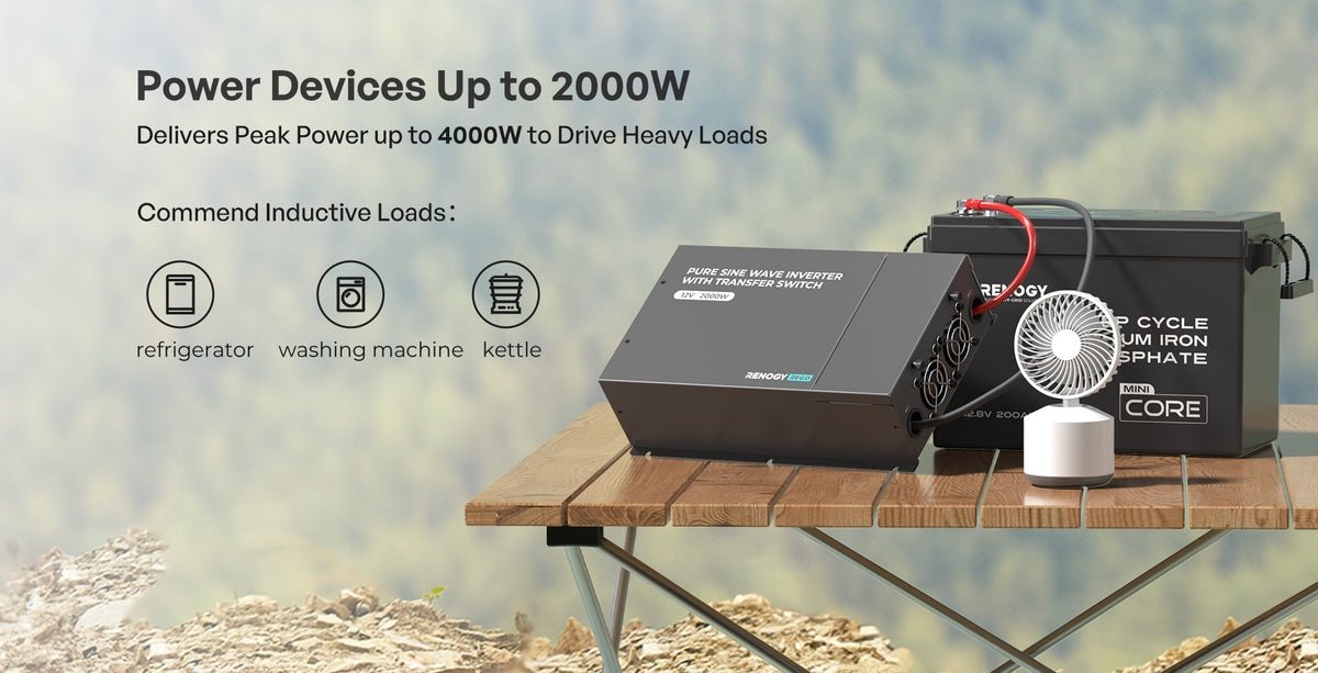 „Renogy“ 12 V grynos sinusinės bangos inverteris su perjungimo jungikliu – 2000 W variantas: pikinė galia iki 4000 W indukcinėms apkrovoms