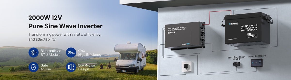 „Renogy“ 12 V grynos sinusinės bangos inverteris su perjungimo jungikliu – 2000 W variantas sistemoje su akumuliatoriumi, BT-2 moduliu ir pultu