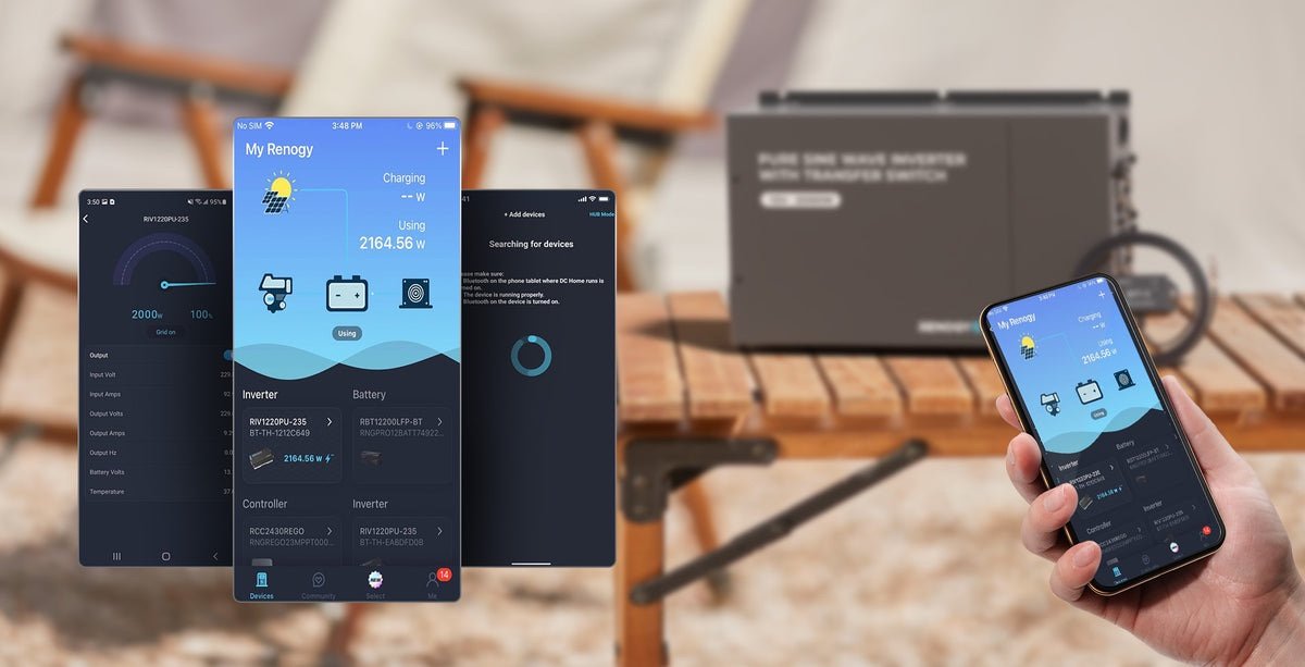„Renogy“ 12 V grynos sinusinės bangos inverteris su perjungimo jungikliu – programėlės ekranai: inverterio galia ir prijungti įrenginiai