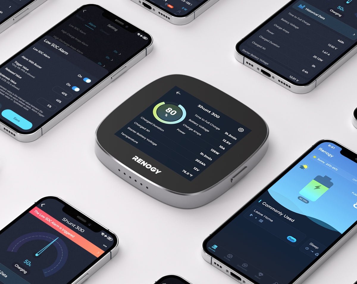 „Renogy“ 300 A akumuliatoriaus šuntas – „Renogy ONE Core“ pultas ir programėlės langai su šunto duomenimis