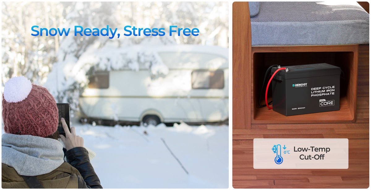 „Renogy Core Mini“ 12 V 200 Ah LiFePO4 akumuliatorius – akumuliatorius dėtuvėje po sėdyne ir įkrovimo stabdymas esant 0 °C