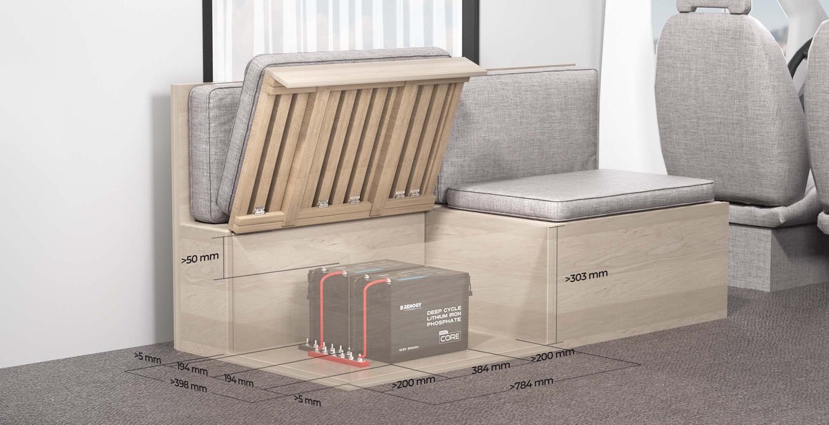 „Renogy Core Mini“ 12 V 200 Ah LiFePO4 akumuliatorius – montavimo matmenys po sėdyne: tarpai virš akumuliatoriaus ir šonuose