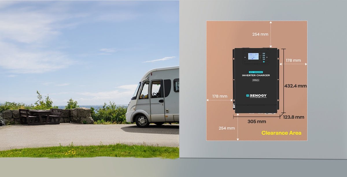 „Renogy Pro“ 3000 W 12 V inverteris su įkrovikliu – būtini tarpai vėdinimui: 254 mm viršuje ir apačioje, 178 mm šonuose
