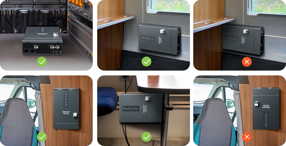 „Renogy REGO“ 3000 W 12 V inverteris su įkrovikliu – tinkamos ir netinkamos montavimo padėtys