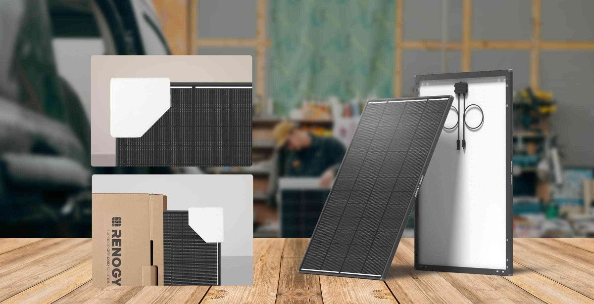 „Renogy ShadowFlux“ 200 W N tipo saulės modulis – pakuotė: kampų apsaugos ir kartoninė dėžė